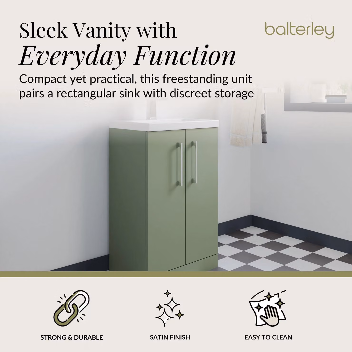 Balterley Modern Satin Green Freestanding Bathroom Vanity Basin Unit with Soft Close Hinged Doors, W: 60 cm, H: 84 cm – 2