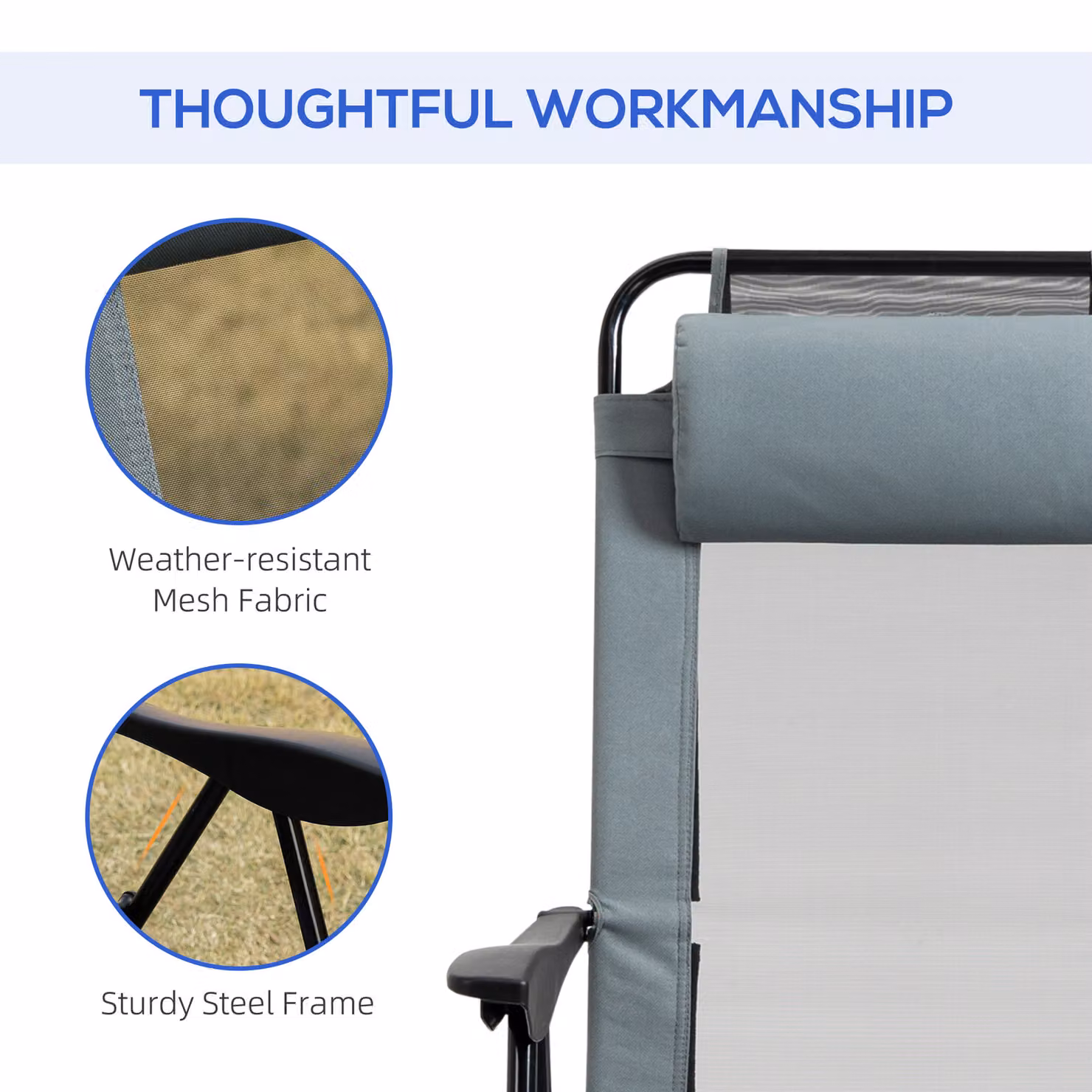 Outsunny Set of 2 Grey Portable Folding Recliner Chaise Lounge Chairs with Adjustable Headrest and Armrests – 5