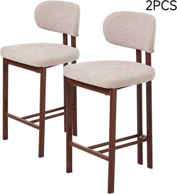 Living and Home Set of 2 Modern Upholstered Bar Stools in Beige with Wood Frame