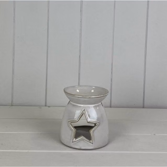 KDMD Glazed Ceramic Wax Oil Burner with Star Cut Out and Textured Detail in Light Grey