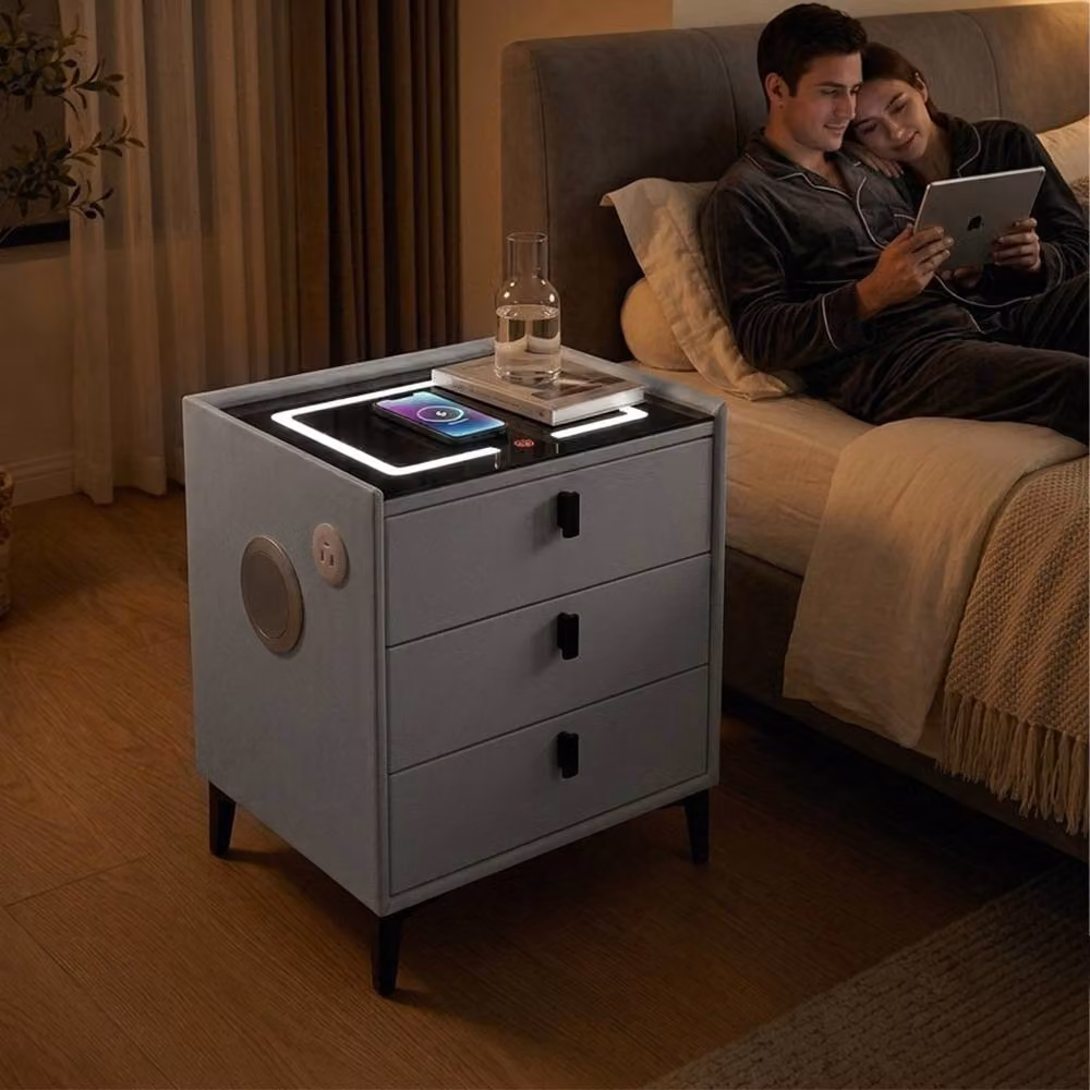Sliding Wardrobes 4U Multifunctional Grey Bedside Table with LED Lighting, Charging Ports and Bluetooth Speaker – 3