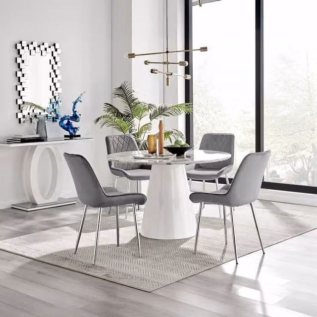 Furniturebox Palma Round White Marble Effect Dining Table and Pesaro Silver Grey Velvet Chairs Set