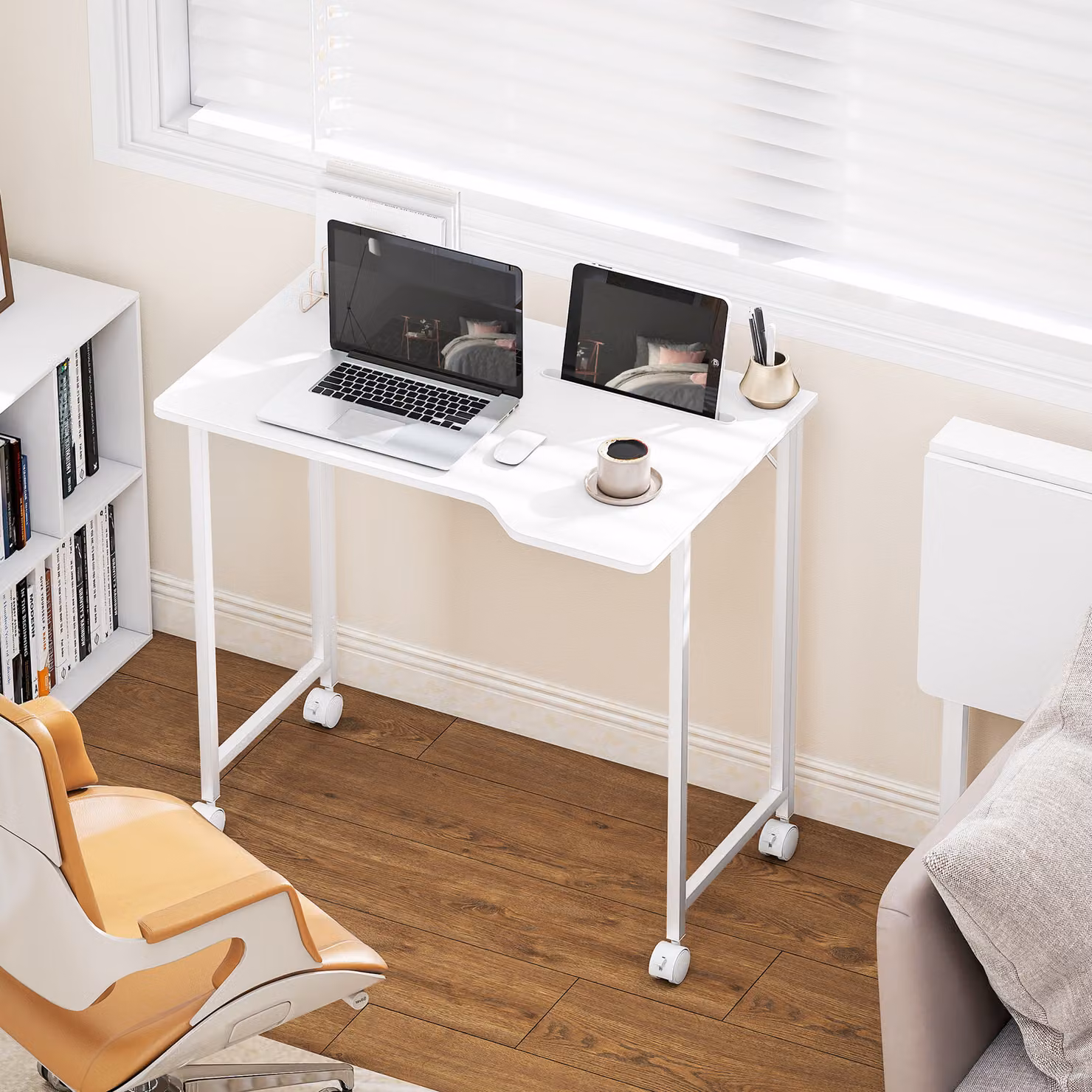 HOMCOM Small Folding Writing Desk with Castors, White Wood-Effect – 2