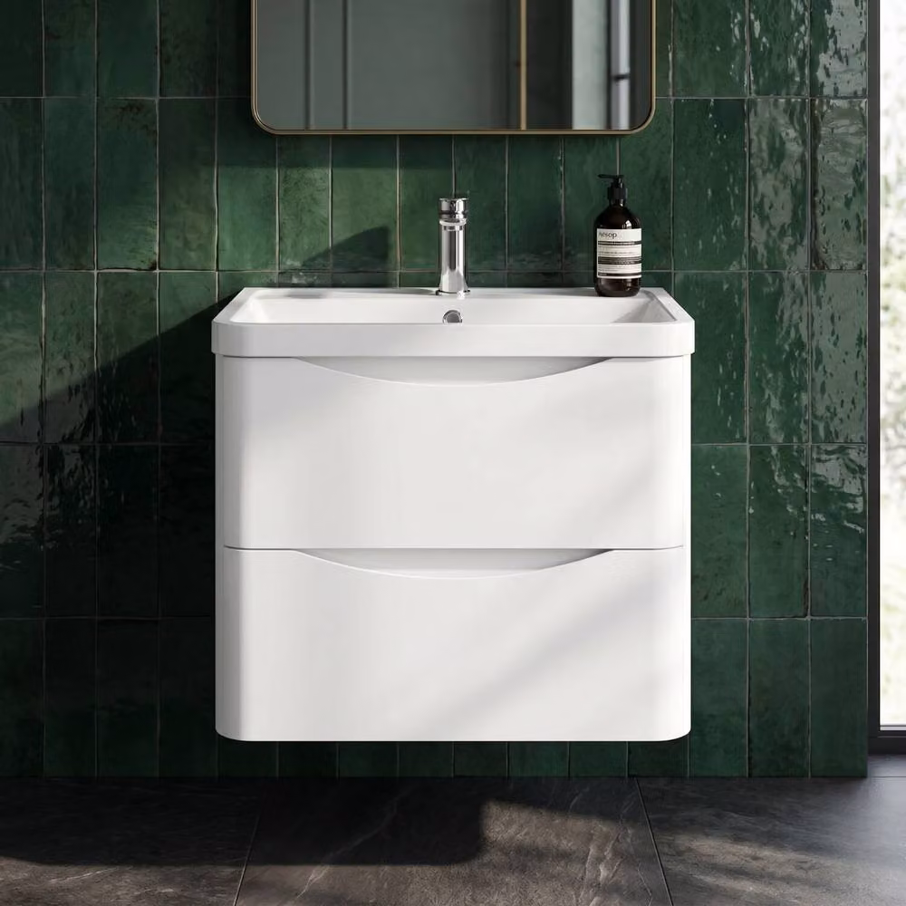 Balterley White Wall Hung 2 Drawer Bathroom Vanity with Polymarble Basin, W: 60 cm, D: 54 cm, H: 60 cm – 5