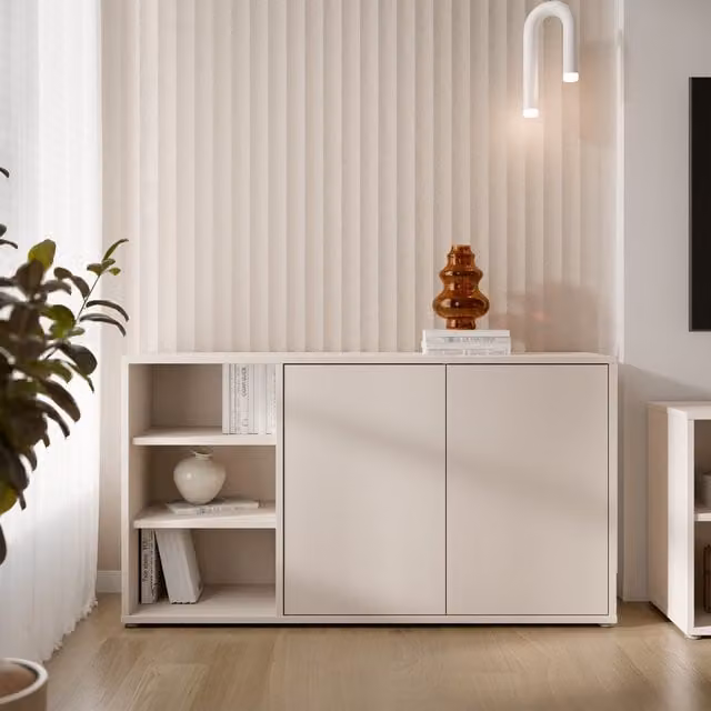 Furniture To Go Alice Springs Sideboard with Open Shelving and Push-Open Doors in Sand