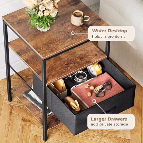 Xample Duffy Side Table with Charging Station, 3-Tier Narrow Bedside Table with Drawer and Media Compartments, Rustic Brown and Black – 8