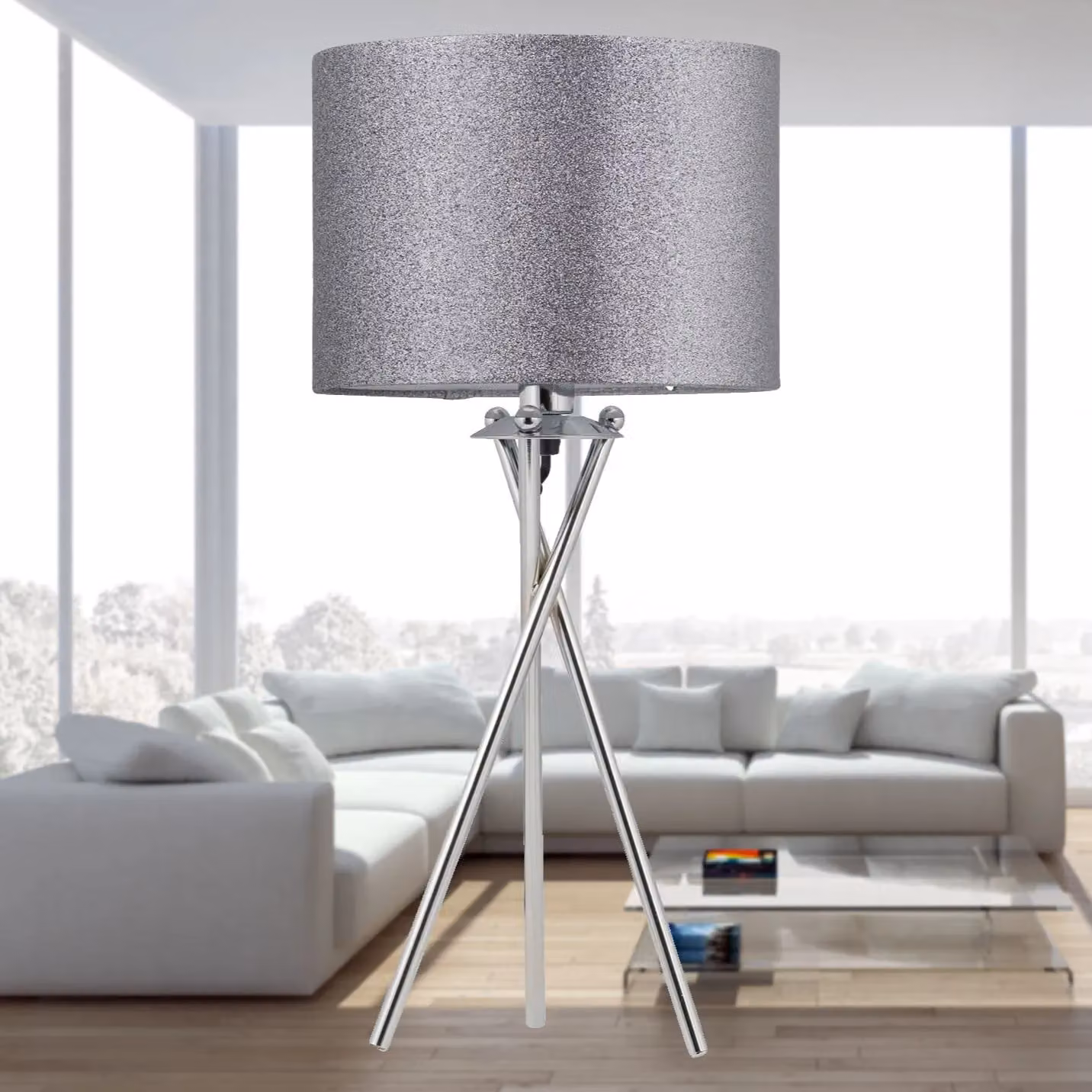 First Choice Lighting Chrome Tripod Table Lamp with Grey Fabric Cylinder Shade in Silver – 3