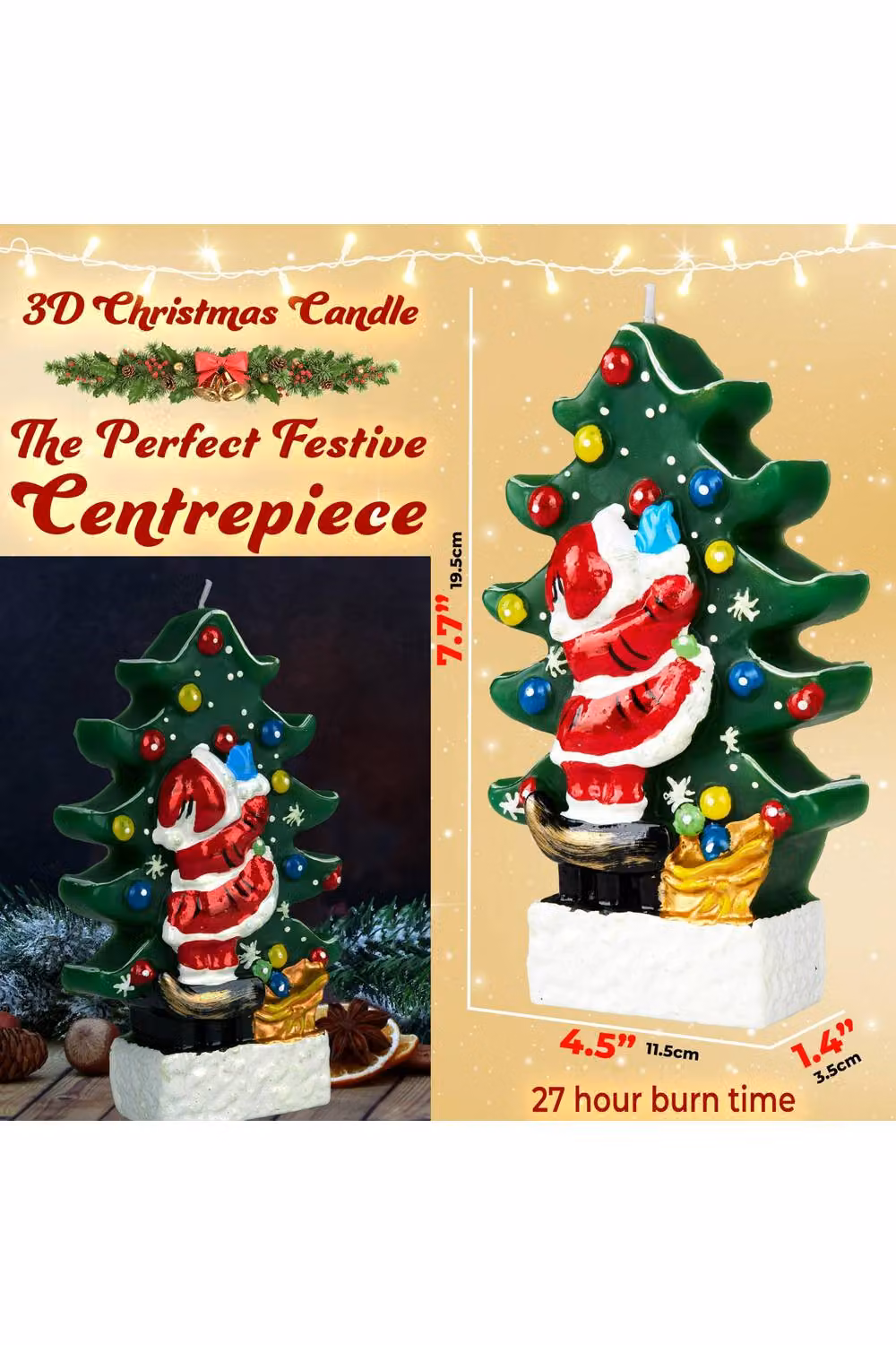 Deco Express Christmas Santa and Christmas Tree Festive Candle in Multicolour and Green, W/D/H: 19.5 x 11.5 x 11.5 cm – 7