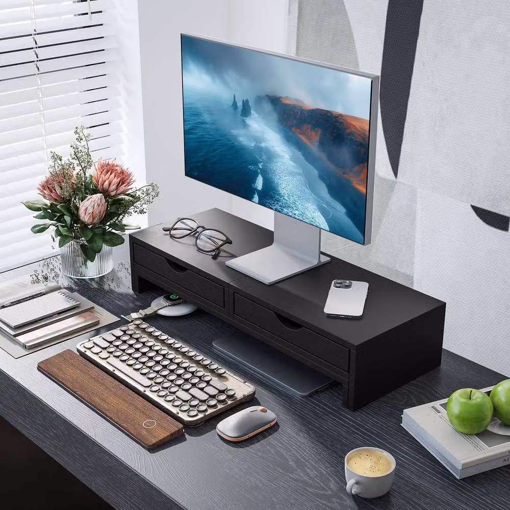 STILVORA Adjustable Monitor Stand Riser with 2 Drawers in Matt Black – 3