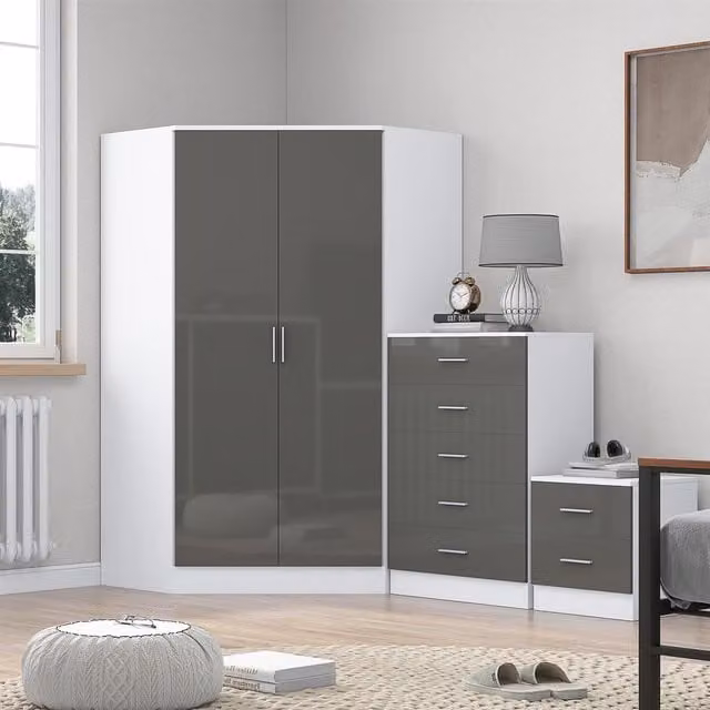 REFLECT Bedroom Furniture Bundle featuring Corner Wardrobe, Chest of Drawers and 2 Drawer Bedside Tables in Grey Gloss and Matt White