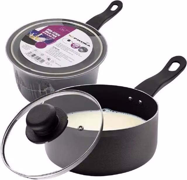 BARGAINS-GALORE Non Stick Black Milk Pan with Glass Lid, Diameter: 18 cm – 1