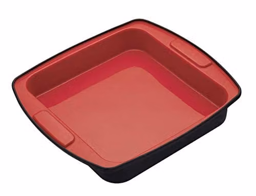 MasterClass Smart Silicone Square Cake Tin and Roasting Tray, 23 cm, Red/Black/Grey