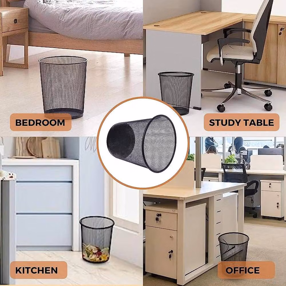 Kelvenix Set of 2 Large Round Mesh Waste Paper Baskets in Black Steel Wire – 5