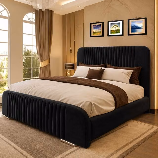 K Mehmood Enterprise Ltd Oval Divan Ottoman Bed in Black Velvet, W/D/H: 120 x 200 cm