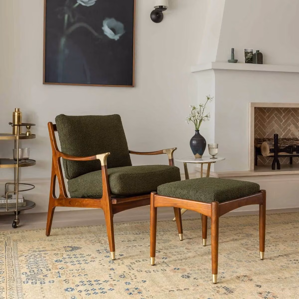 Atkin and Thyme Levi Footstool in Green Bouclé with Acacia Wood Frame