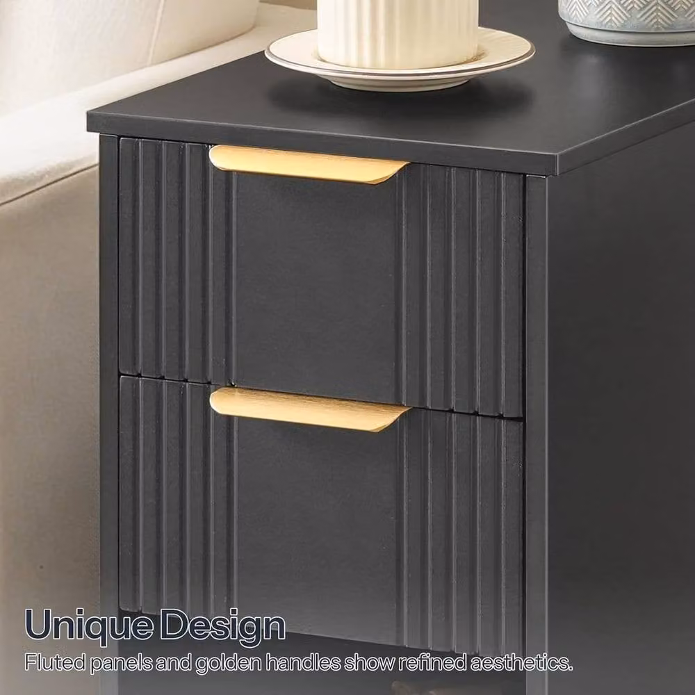 FORGEVIO Slim Narrow 2 Drawer Bedside Cabinet in Black and Gold, W: 48 cm, D: 30 cm, H: 60 cm – 3