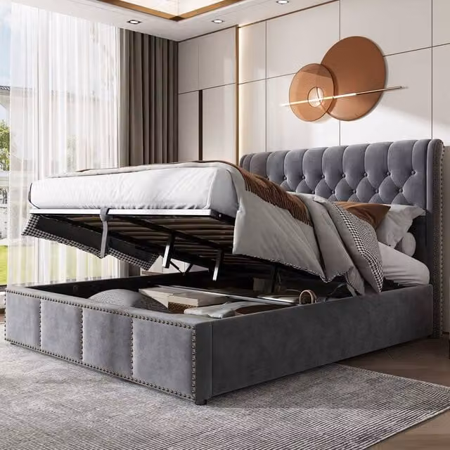 STILVORA Grey Velvet Upholstered King Size Bed with Lift Up Storage Base W/D/H: 180 x 150 x 102.5 cm – 1