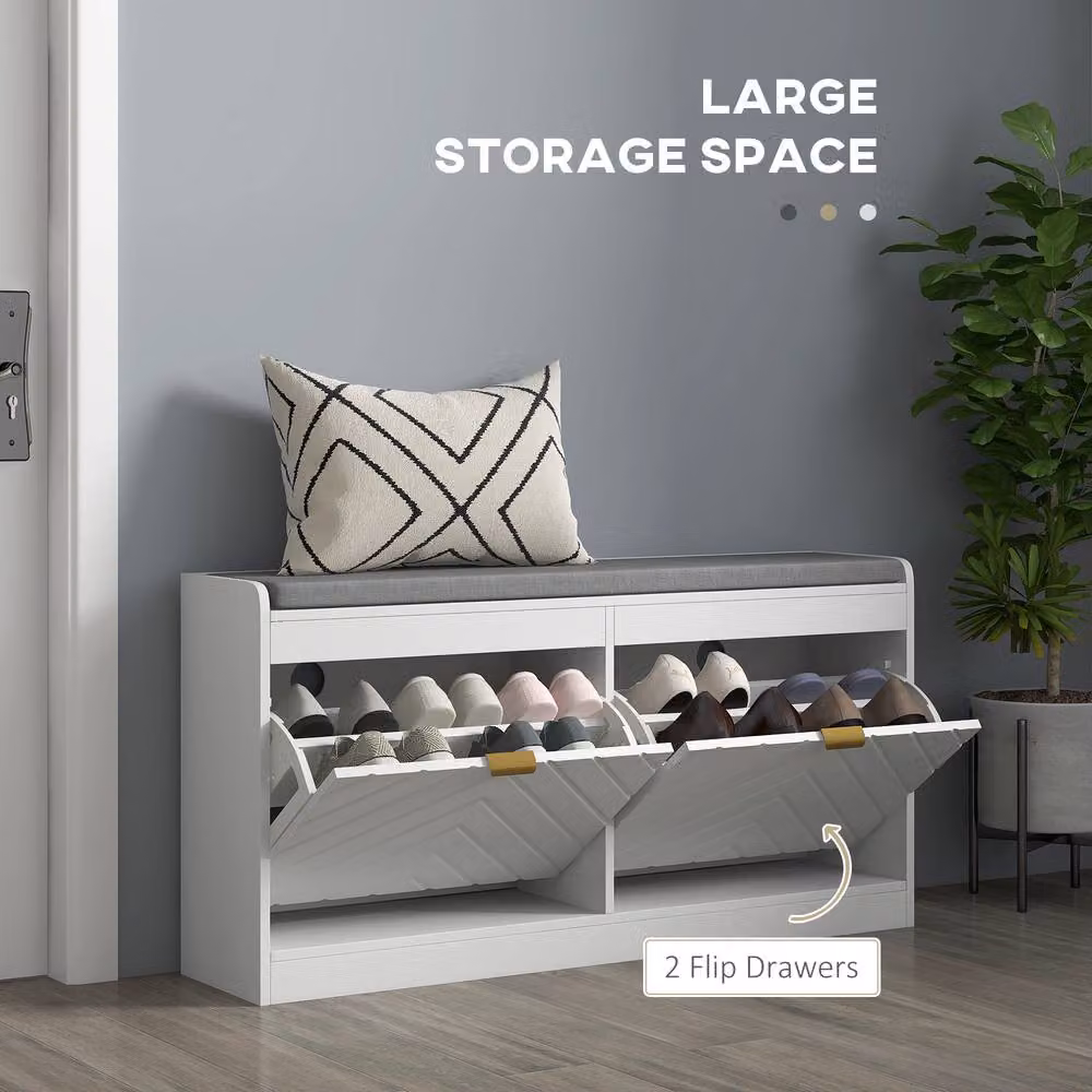 STILVORA Modern Shoe Bench with 2 Flip Drawers in White and Gold – 3
