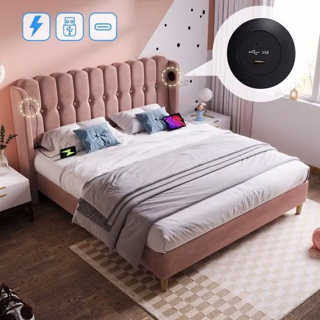 Matteo Pink Velvet Upholstered Double Bed with USB Charging Port, W: 135 cm x D: 190 cm