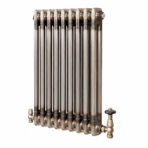Monster Shop Traditional 2 Column Carbon Steel Radiator in Raw Metal with Thermostatic Radiator Valve Set and Wall Brackets, H: 60.0 cm x W: 42.5 cm x D: 6.8 cm