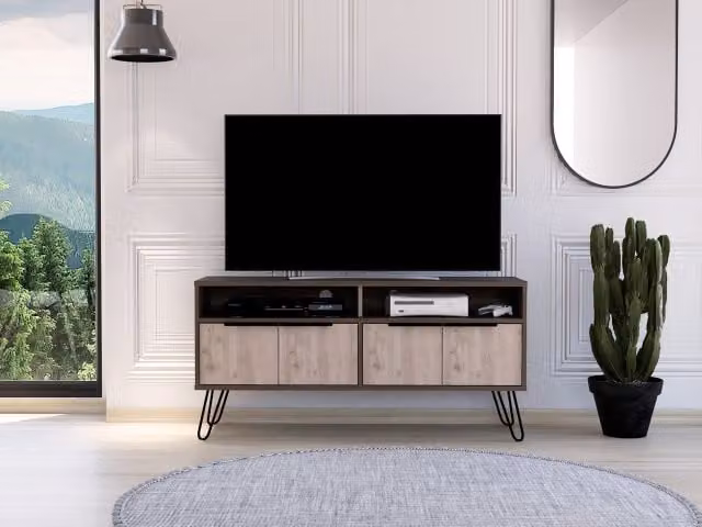 Core Nevada Industrial Widescreen TV Cabinet in Smoked Oak and Grey with 4 Doors and Metal Hairpin Legs W/D/H: 123.5 x 38.6 x 60.6 cm