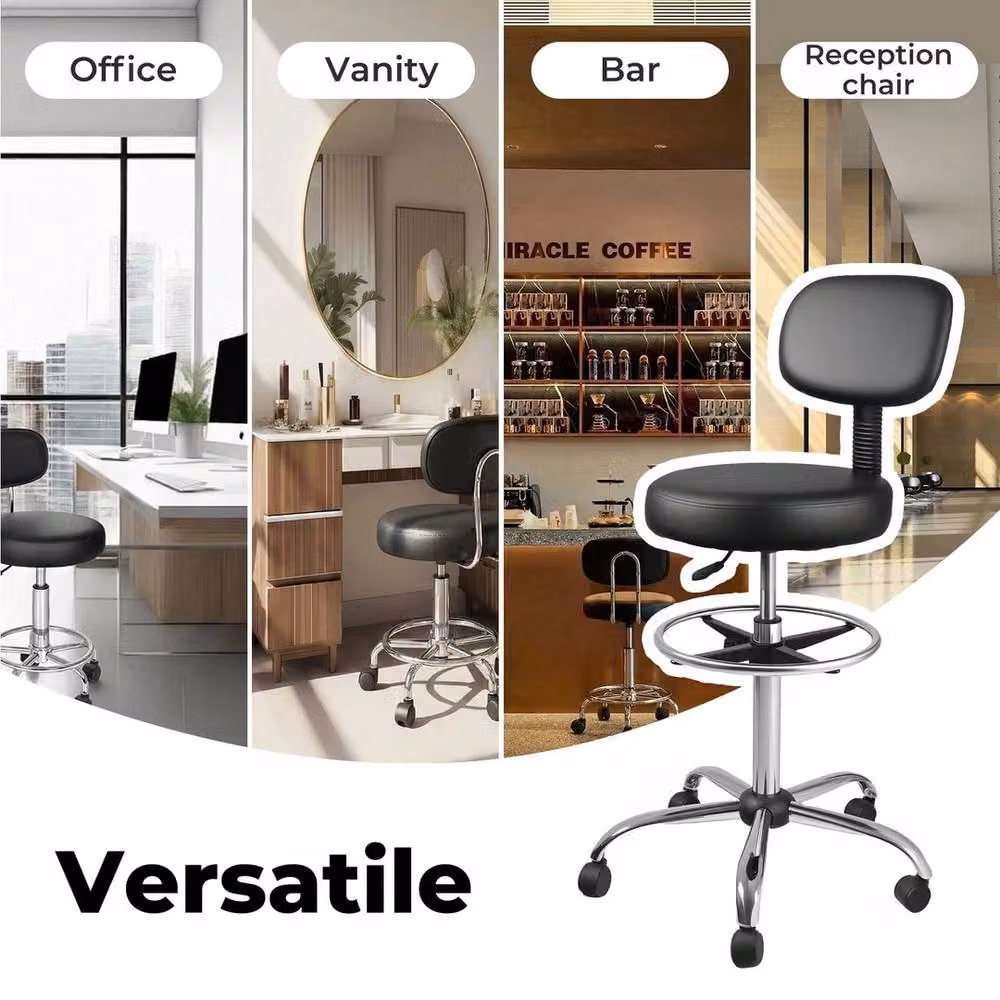 Kelvenix Swivel Drafting Chair in Black Synthetic Leather with Metal Base and Castors – 3