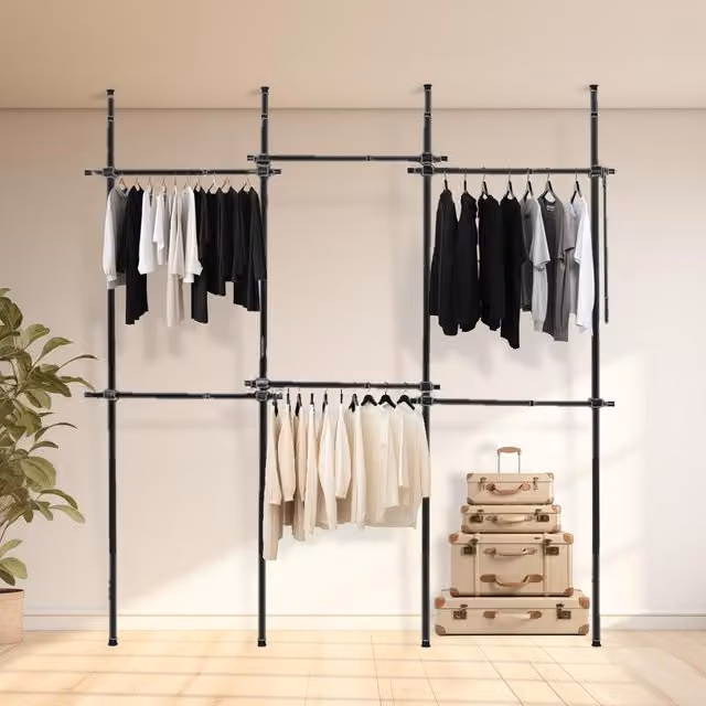 House of Home Triple Wardrobe Telescopic Clothes Rail with Adjustable Hanging Rack, Black – 1