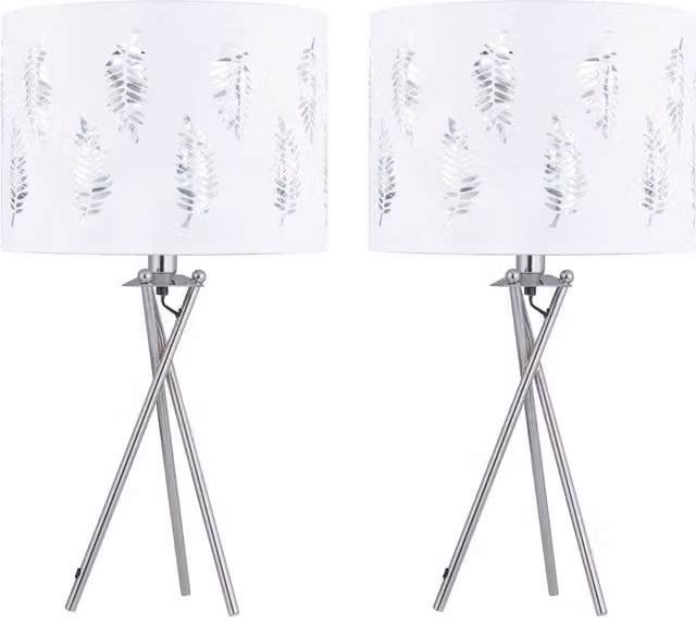 First Choice Lighting Set of 2 Silver Tripod Table Lamps with White Fern Cut Out Shades – 1