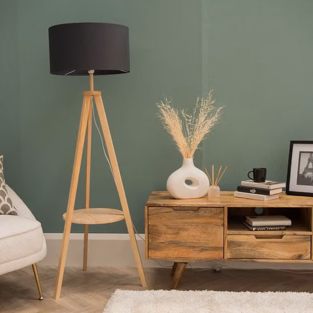 ValueLights Morrigan Wood Tripod Floor Lamp with Charcoal Fabric Drum Shade