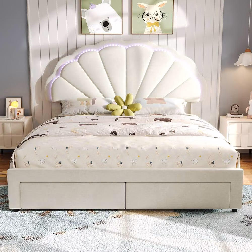 BTM Double Velvet Shell Headboard Bed with LED and 2 Drawers in Beige – 2
