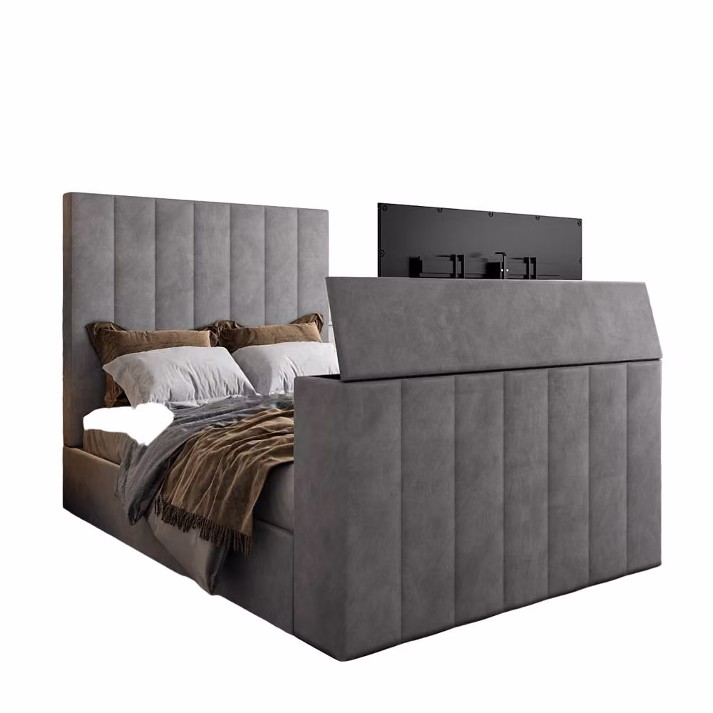 KDMD Argyll Upholstered Soft Velvet Line Grey TV Bed Frame with Lift Up Base, Small Double, W/D/H: 120 x 200 cm – 2