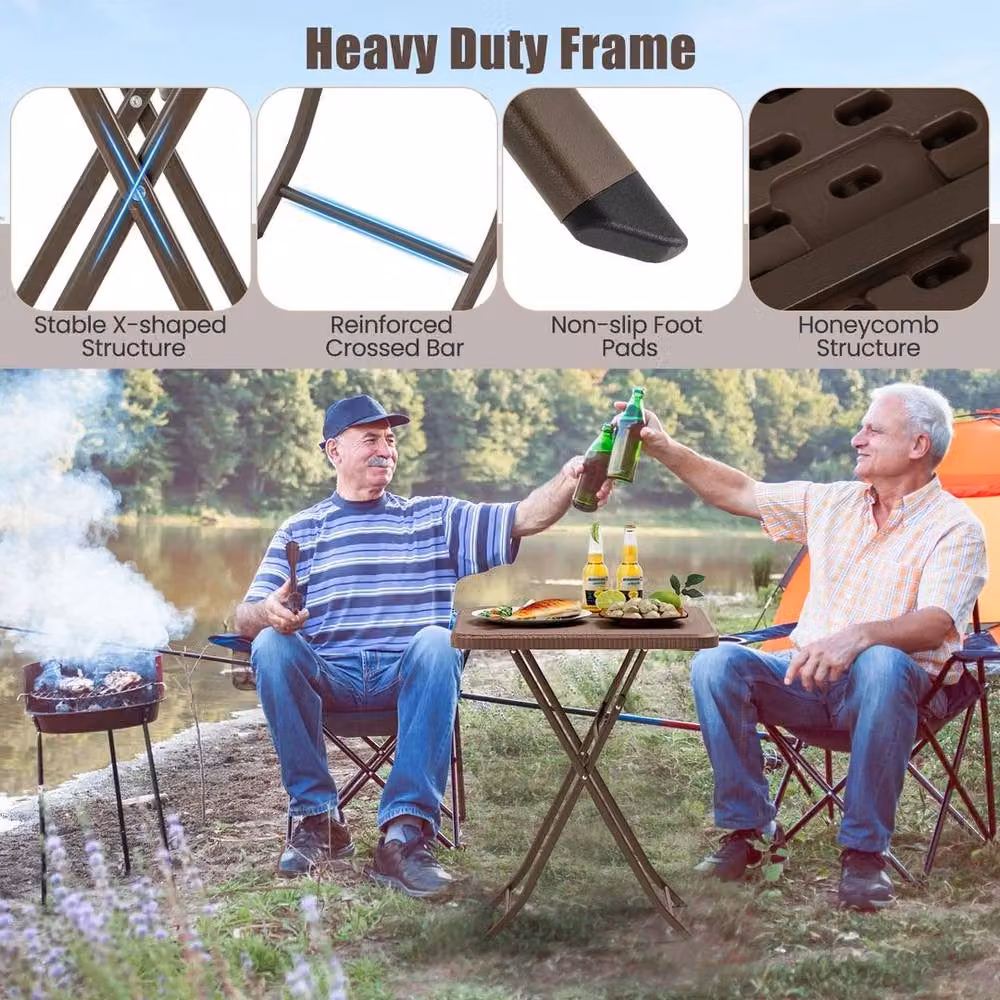 KORVIXA Brown Rattan Textured Folding Picnic Table for Indoor and Outdoor Use, W/D/H: 100 x 100 x 72 cm – 4