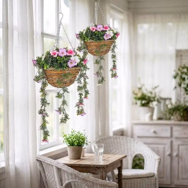 STILVORA Set of 2 Pink Multicolour Artificial Hanging Baskets with Silk Azalea Flowers – 1