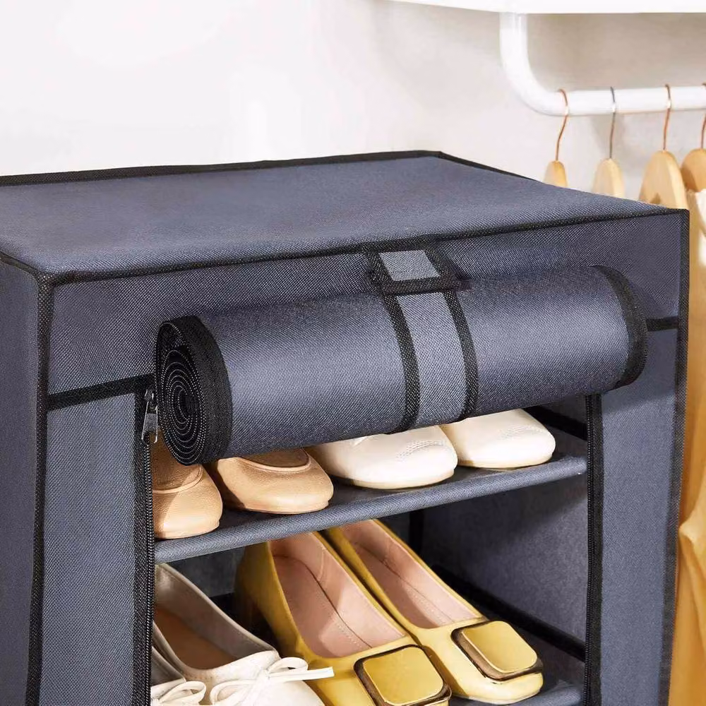 The Bazaarist 7 Tier Grey Fabric Shoe Cabinet with Metal Frame and Roll Shutter Cover – 3