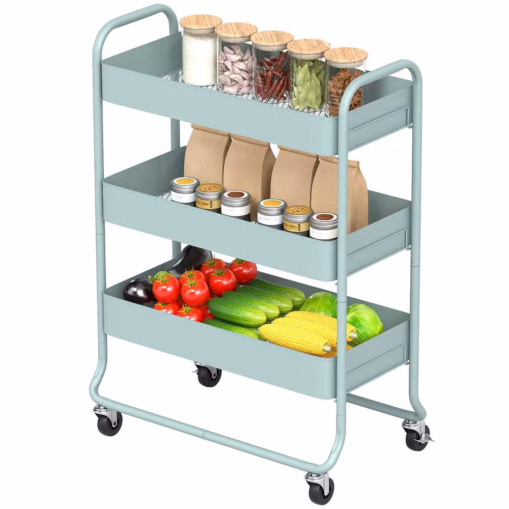 STILVORA 3-Basket Metal Storage Trolley on Wheels in Matt Green – 2