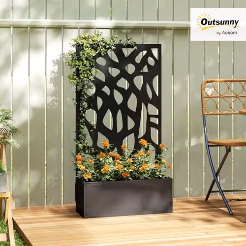 Outsunny Metal Raised Garden Bed with Trellis and Privacy Screen in Black, W/D/H: 61 x 23 x 113 cm – 2