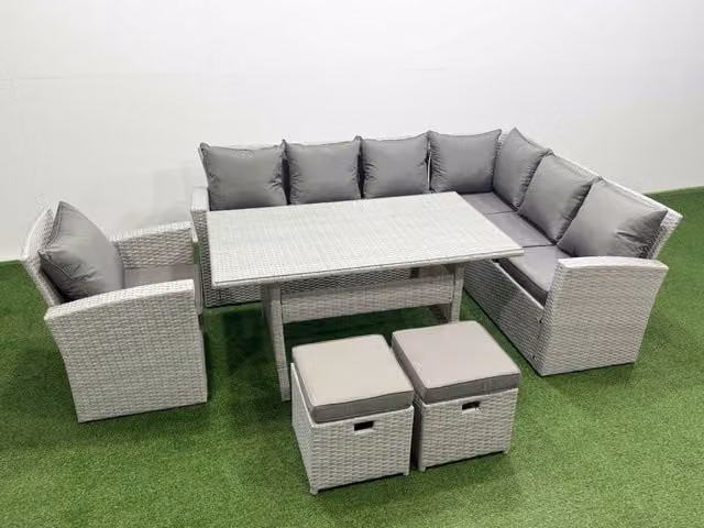 Fimous 9 Seater Rattan Garden Furniture Set with Corner Sofa and Dining Table in Light Grey