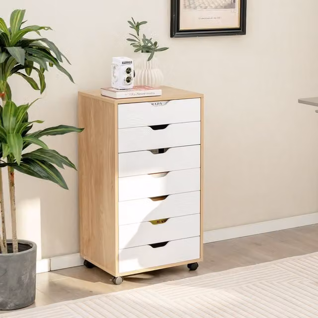 Costway Modern 7-Drawer Mobile Lateral Filing Cabinet and Home Office Storage Chest in White and Multicolour