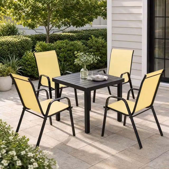 STILVORA Set of 4 Stackable Outdoor Dining Chairs in Beige with Textilene Fabric and Powder Coated Steel Frame – 1