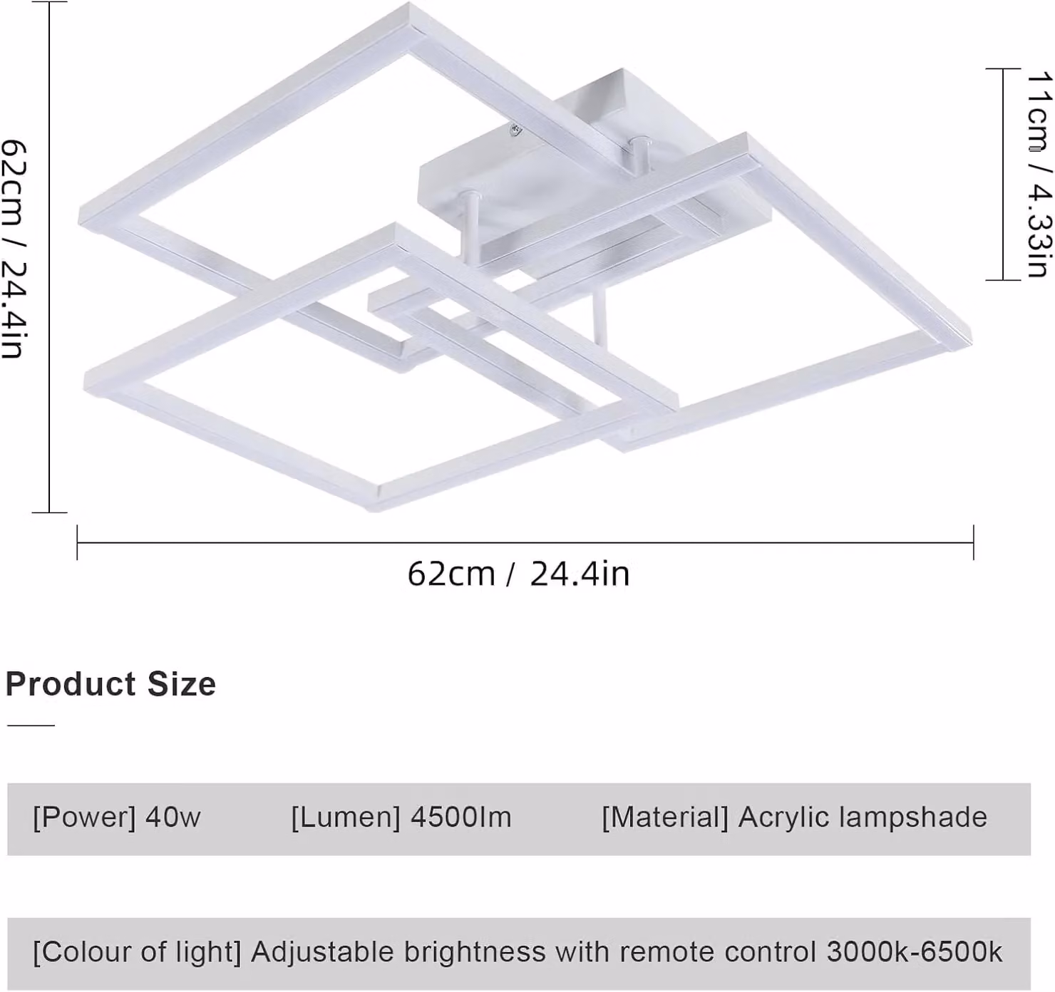 COMELY Modern Square Dimmable LED Ceiling Light, 40W, White – 2