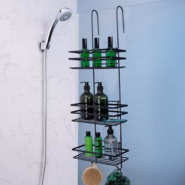 House of Home 3 Tier Black Metal Hanging Shower Caddy and Over The Door Bathroom Storage Organiser – 1
