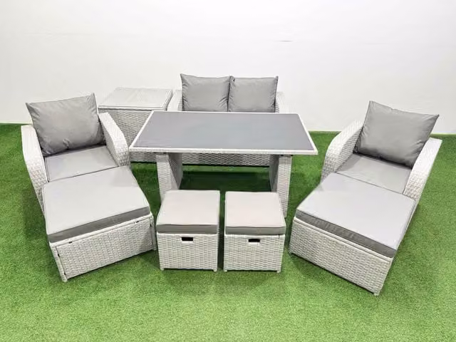 Fimous 8 Seater Modern Rattan Garden Furniture Set with 4 Stools in Light Grey