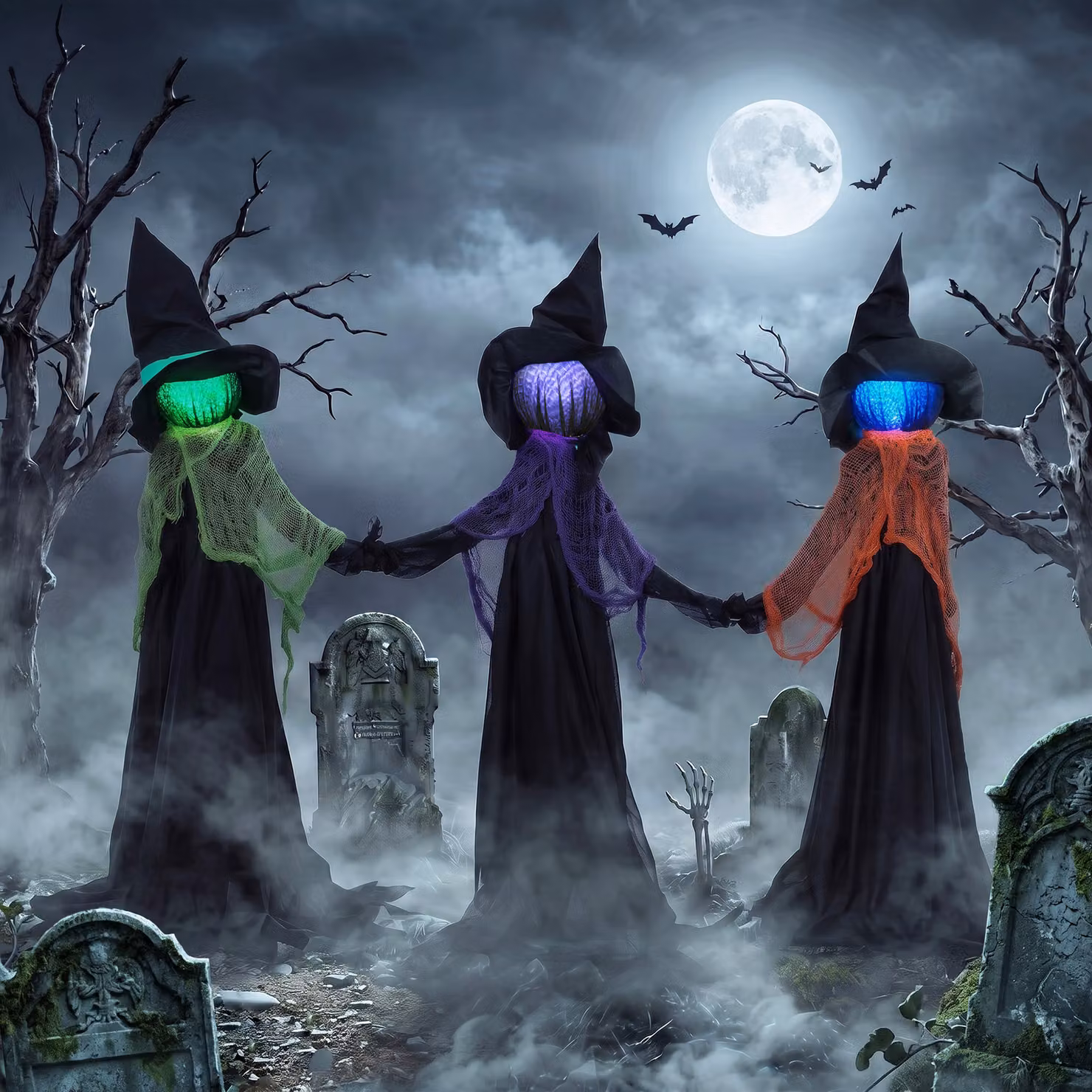 HOMCOM Multicolour Witches Holding Hands Halloween Decorations with Light-Up Heads, 120 cm – 2