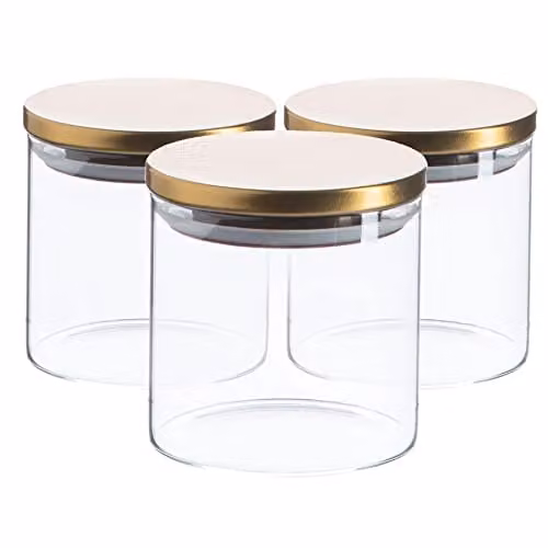 Argon Tableware Scandi Airtight Glass Storage Jars with Gold Metal Lids, 550ml, 3 Pack
