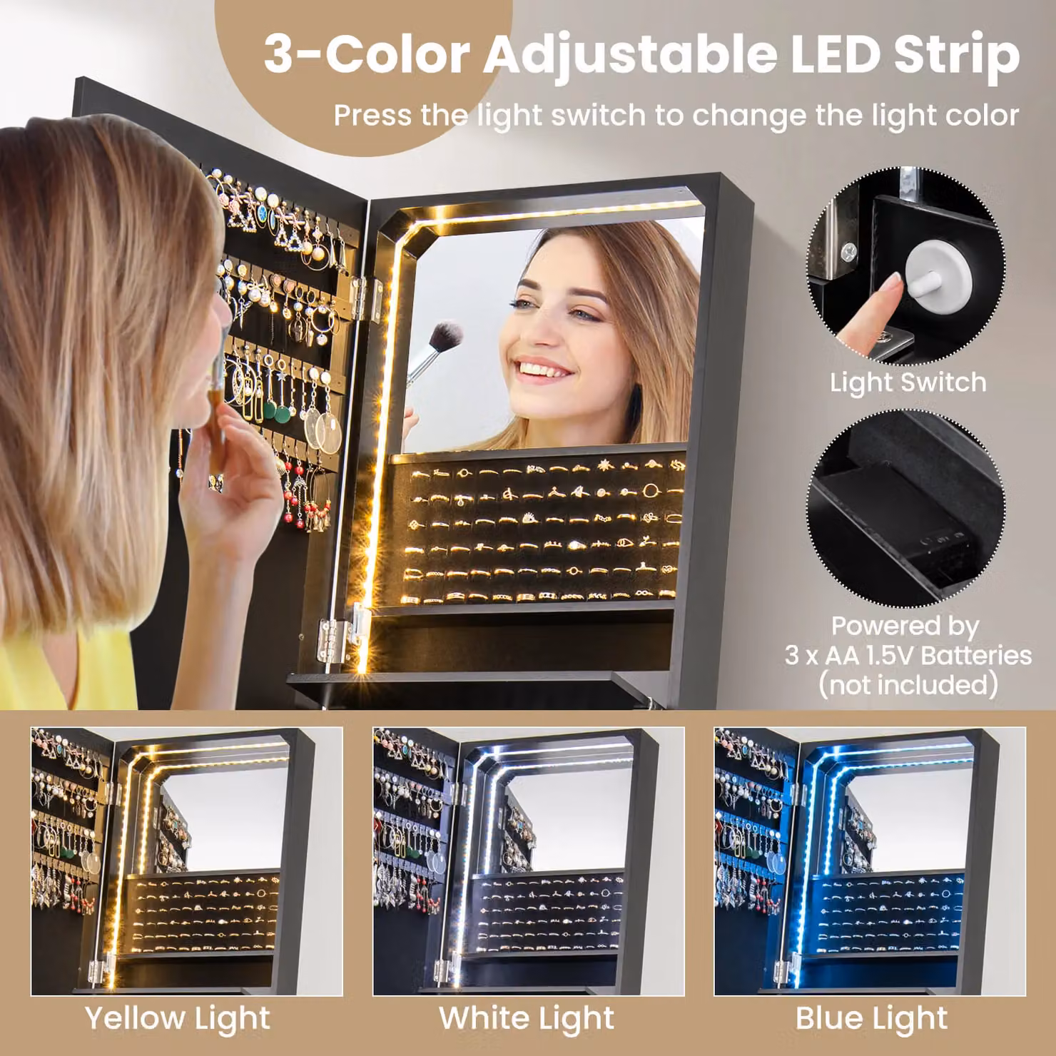 Costway Black Modern Jewelry Cabinet Armoire with 3-Colour LED Lighting and Mirror – 5
