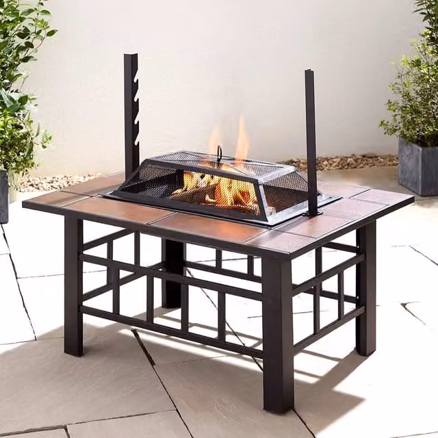 BillyOh 3 in 1 Fire Pit BBQ Grill and Ice Cooler with Rotisserie and Cover, Black