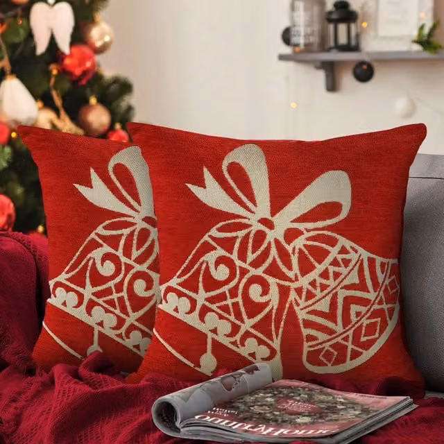Velosso Merry Bells Filled Christmas Cushion in Red, W/D/H: 56 x 56 x 56 cm