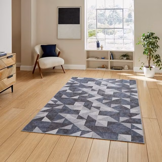 Terrys Geometric Modern Blue and Grey Flat Weave Polyester Rectangular Rug