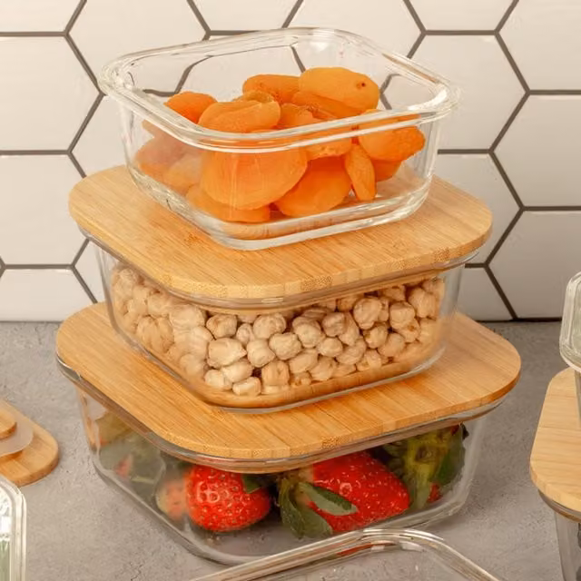 Homiu 3-Piece Airtight Glass Food Container Set with Bamboo Lids, White