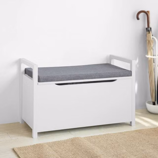 SoBuy Modern Space-Saver Entrance Bench with Padded Fabric Cushion and Storage in White and Grey